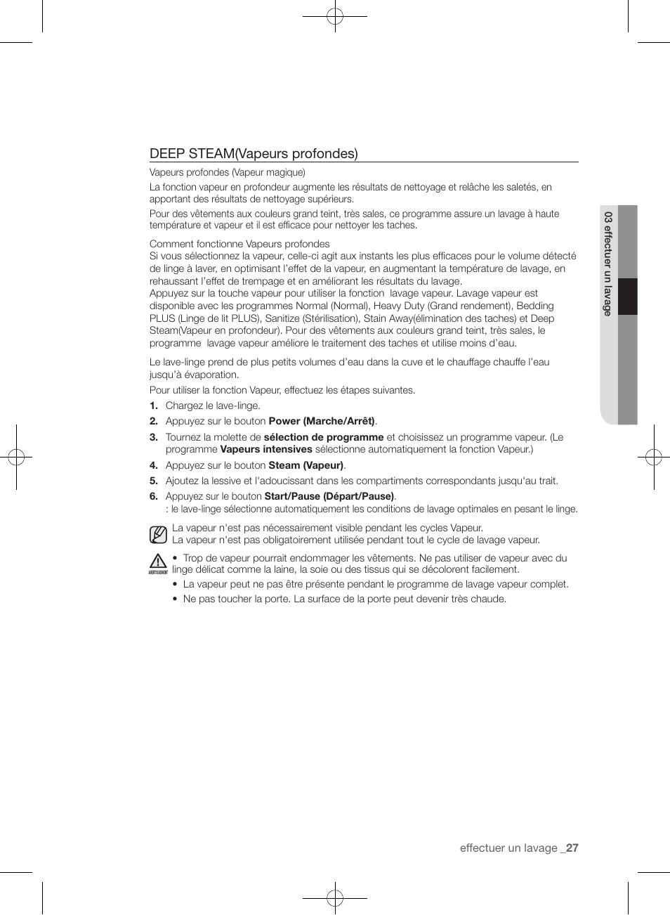 Deep steam(vapeurs profondes) | Samsung WF433BTGJWR-A2 User Manual | Page 75 / 144