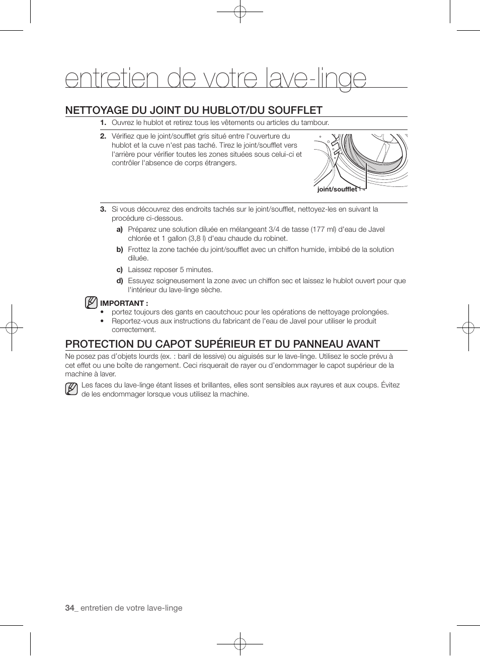 Entretien de votre lave-linge, Nettoyage du joint du hublot/du soufflet, Protection du capot supérieur et du panneau avant | Samsung WF433BTGJWR-A2 User Manual | Page 82 / 144