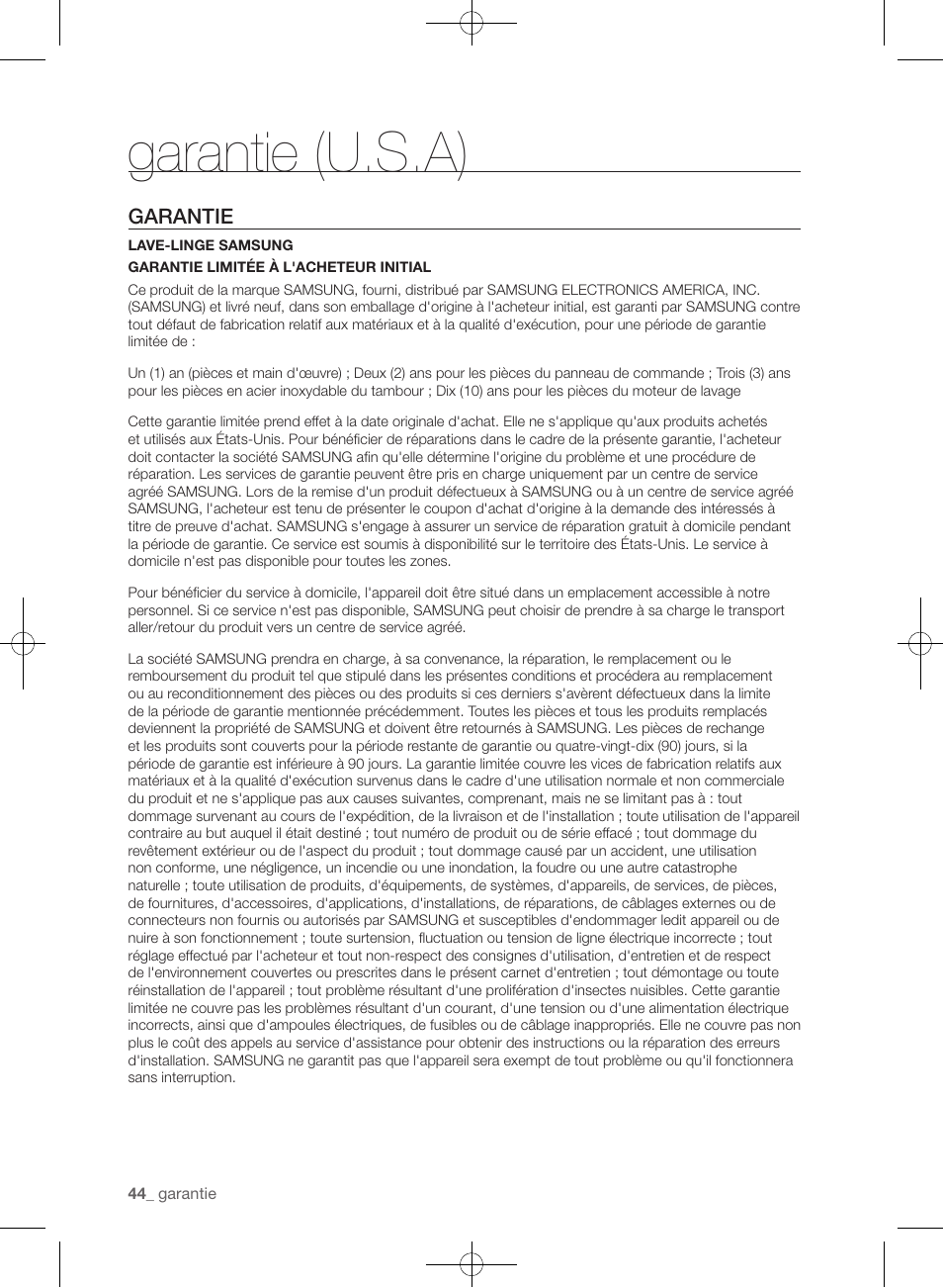 Garantie (u.s.a), Garantie | Samsung WF433BTGJWR-A2 User Manual | Page 92 / 144