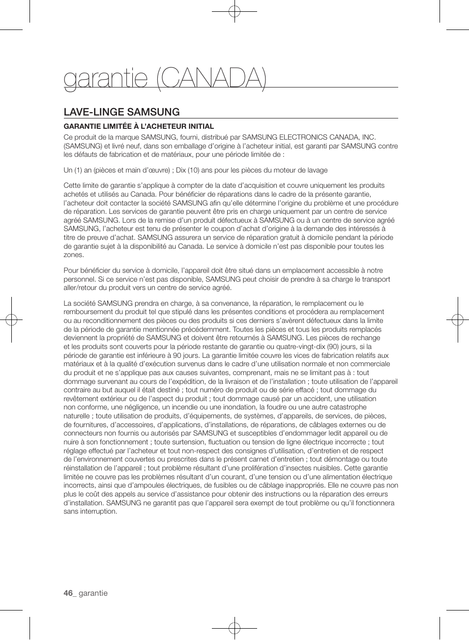 Garantie (canada), Lave-linge samsung | Samsung WF433BTGJWR-A2 User Manual | Page 94 / 144