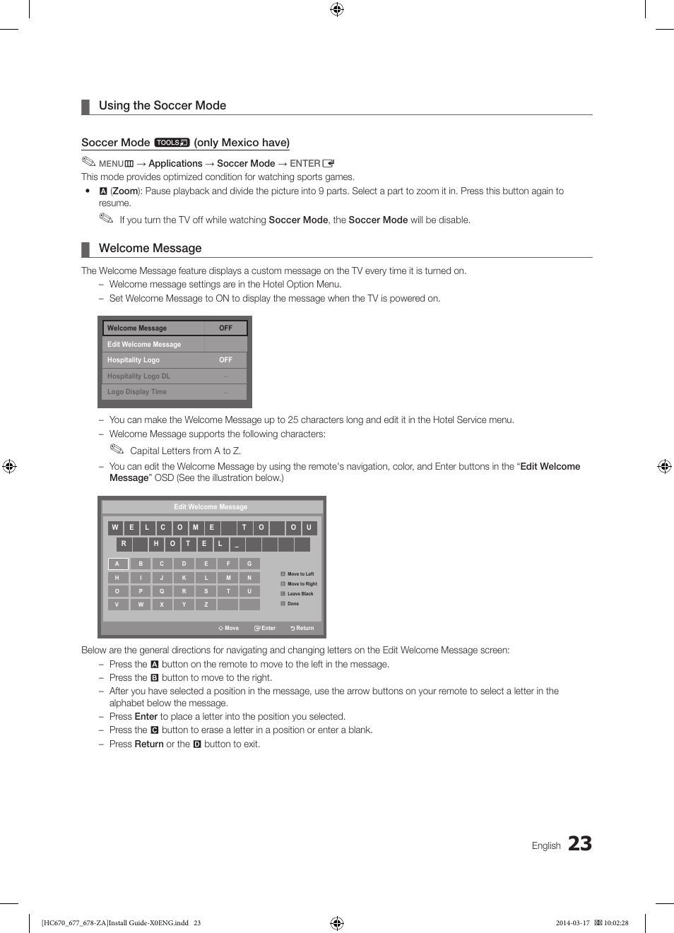 Using the soccer mode, Welcome message | Samsung HG28NC677AFXZA User Manual | Page 23 / 49