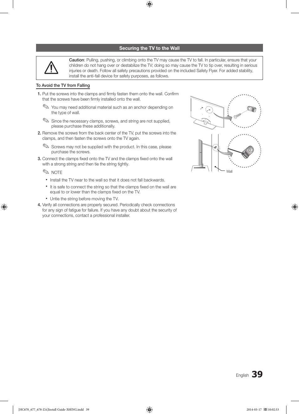 Securing the tv to the wall | Samsung HG28NC677AFXZA User Manual | Page 39 / 49