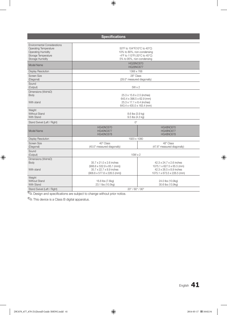Specifications | Samsung HG28NC677AFXZA User Manual | Page 41 / 49