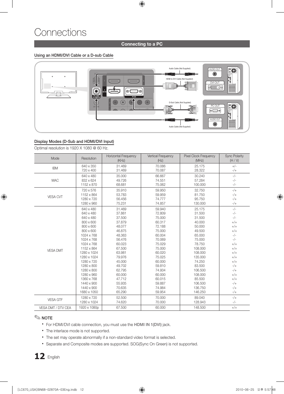 Connecting to a pc, Connections | Samsung LN46C670M1FXZA User Manual | Page 12 / 60