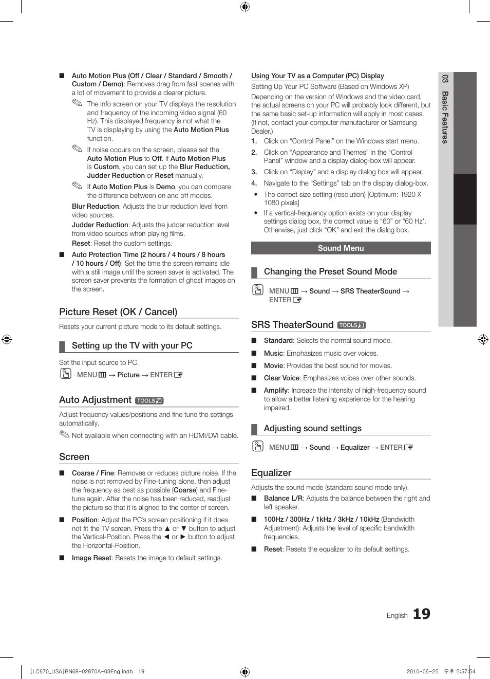 Sound menu, Picture reset (ok / cancel), Auto adjustment | Screen, Srs theatersound, Equalizer | Samsung LN46C670M1FXZA User Manual | Page 19 / 60