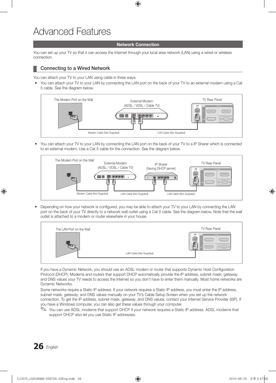 Advanced features, Network connection | Samsung LN46C670M1FXZA User Manual | Page 26 / 60