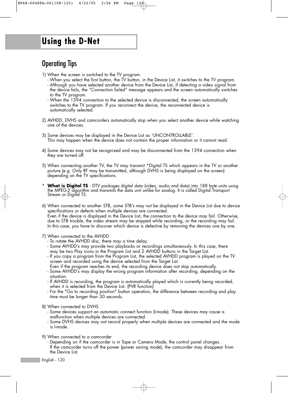 Operating tips, Using the d-net | Samsung HLR5688WX-XAA User Manual | Page 120 / 144