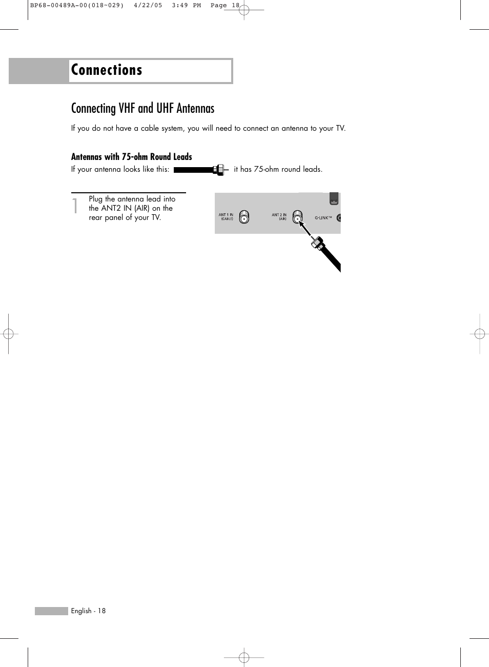 Connecting vhf and uhf antennas, Antennas with 75-ohm round leads, Connections | Samsung HLR5688WX-XAA User Manual | Page 18 / 144