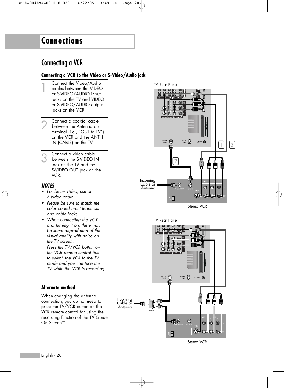 Connecting a vcr, Connections | Samsung HLR5688WX-XAA User Manual | Page 20 / 144