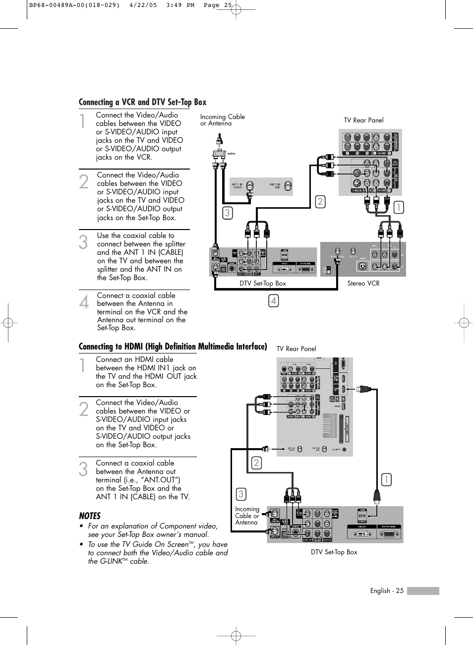 Connecting a vcr and dtv set-top box | Samsung HLR5688WX-XAA User Manual | Page 25 / 144