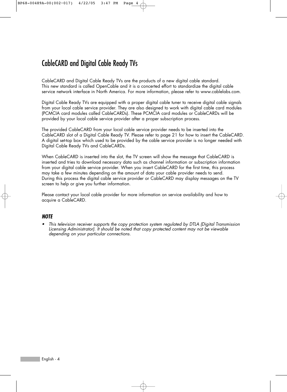 Cablecard and digital cable ready tvs | Samsung HLR5688WX-XAA User Manual | Page 4 / 144