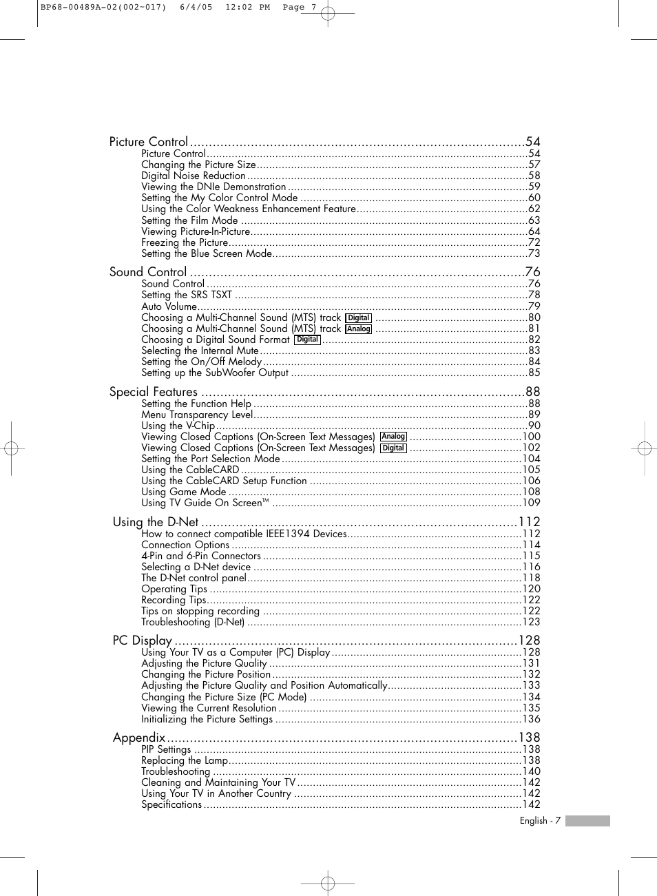 Picture control, Sound control, Special features | Using the d-net, Pc display, Appendix | Samsung HLR5688WX-XAA User Manual | Page 7 / 144