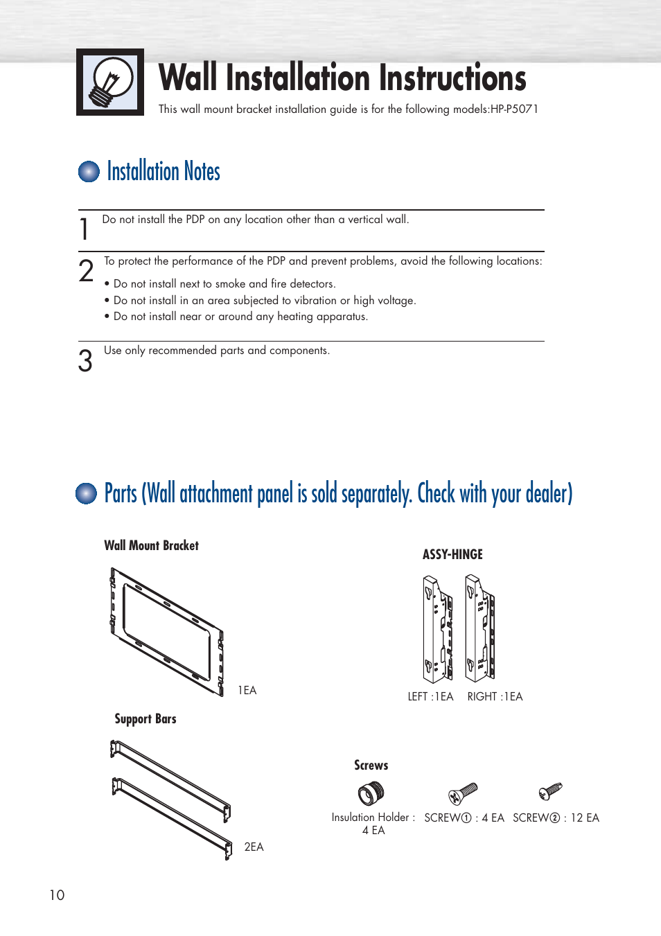 Wall installation instructions | Samsung HPP5071X-XAA User Manual | Page 10 / 116