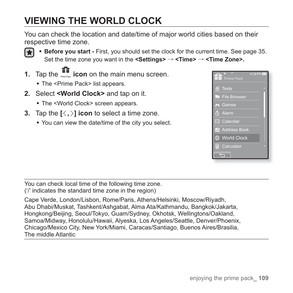 Viewing the world clock | Samsung YP-P2JABY-XAA User Manual | Page 109 / 152