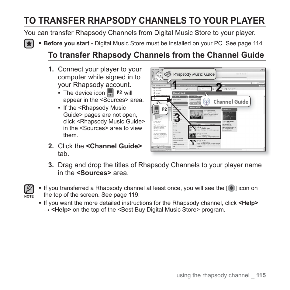 To transfer rhapsody channels to your player | Samsung YP-P2JABY-XAA User Manual | Page 115 / 152