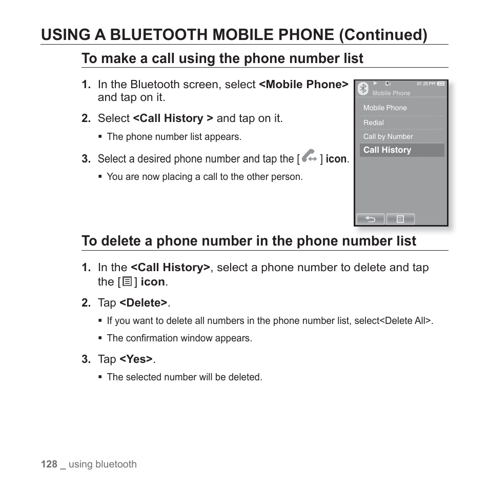 Using a bluetooth mobile phone (continued) | Samsung YP-P2JABY-XAA User Manual | Page 128 / 152