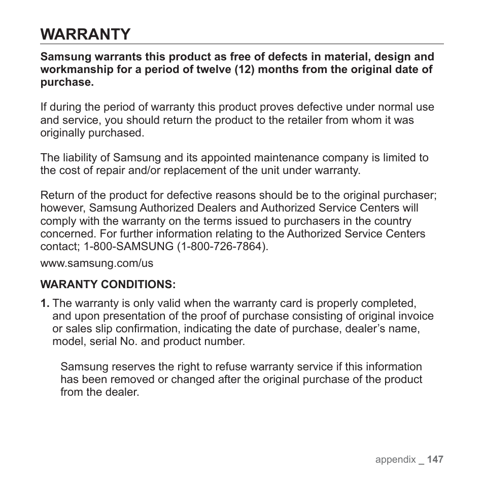Warranty | Samsung YP-P2JABY-XAA User Manual | Page 147 / 152