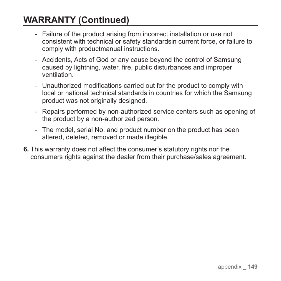 Warranty (continued) | Samsung YP-P2JABY-XAA User Manual | Page 149 / 152
