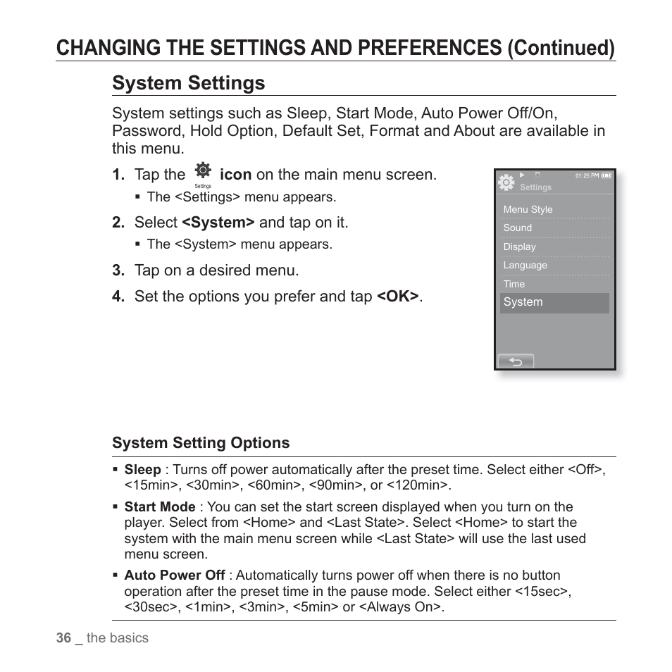Changing the settings and preferences (continued), System settings | Samsung YP-P2JABY-XAA User Manual | Page 36 / 152