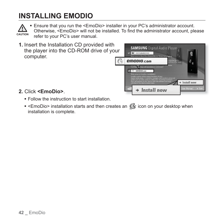 Installing emodio | Samsung YP-P2JABY-XAA User Manual | Page 42 / 152