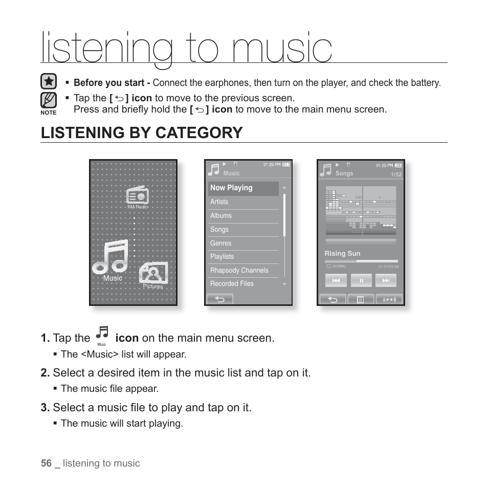 Listening to music, Listening by category | Samsung YP-P2JABY-XAA User Manual | Page 56 / 152