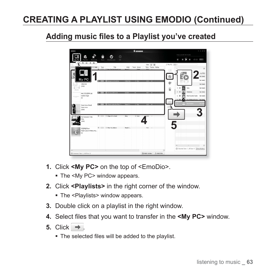 Adding music fi les to a playlist you’ve created, Creating a playlist using emodio (continued) | Samsung YP-P2JABY-XAA User Manual | Page 63 / 152