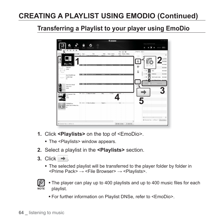 Creating a playlist using emodio (continued) | Samsung YP-P2JABY-XAA User Manual | Page 64 / 152