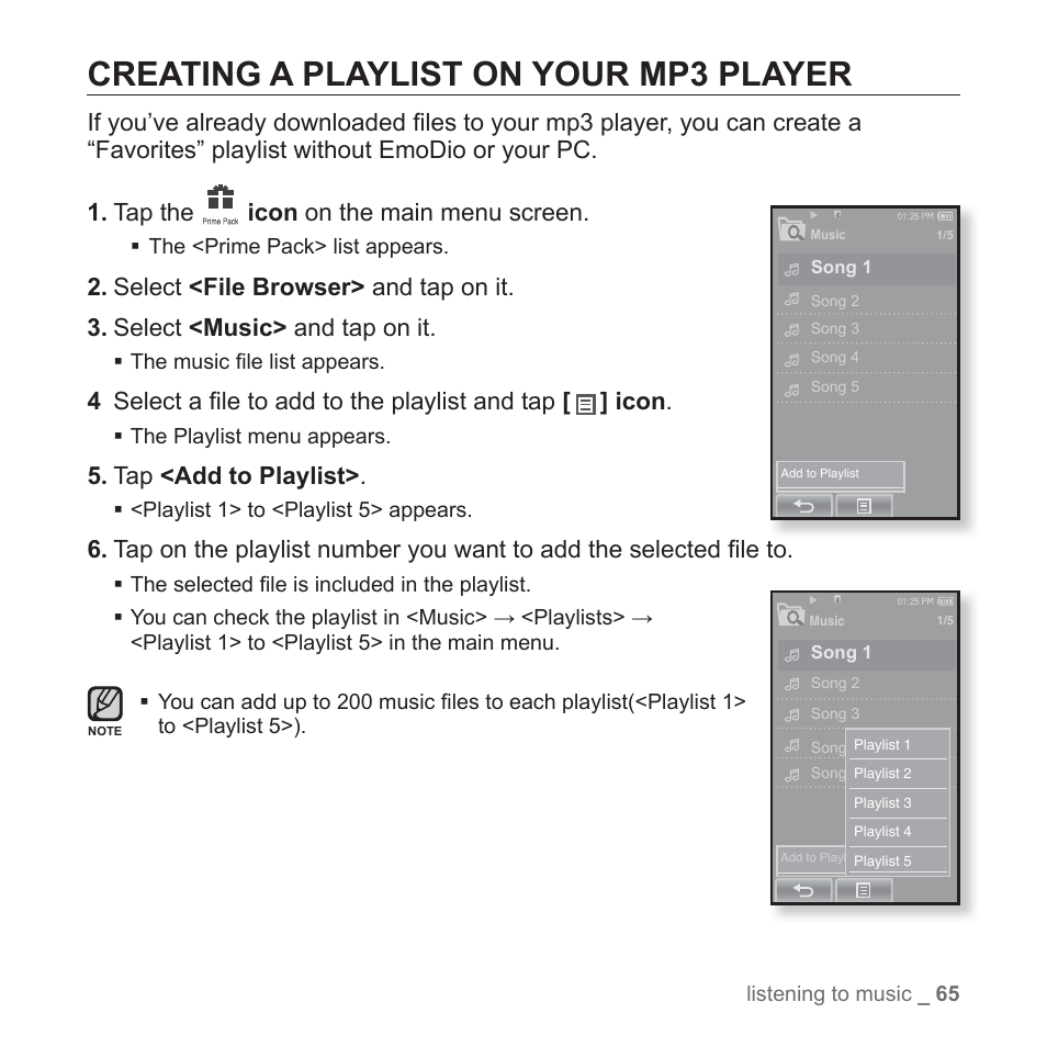 Creating a playlist on your mp3 player, Tap <add to playlist | Samsung YP-P2JABY-XAA User Manual | Page 65 / 152