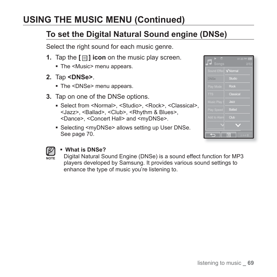Using the music menu (continued), Tap <dnse, Tap on one of the dnse options | Samsung YP-P2JABY-XAA User Manual | Page 69 / 152