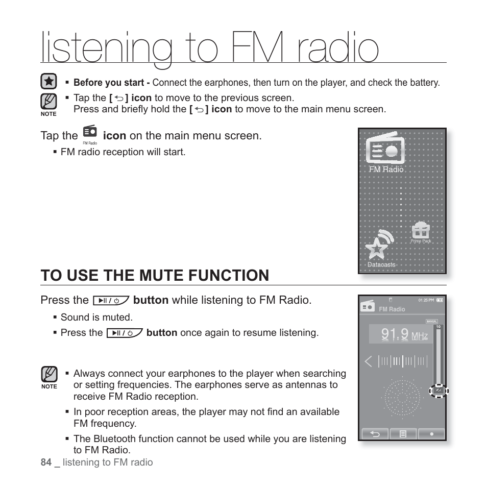 Listening to fm radio, To use the mute function | Samsung YP-P2JABY-XAA User Manual | Page 84 / 152