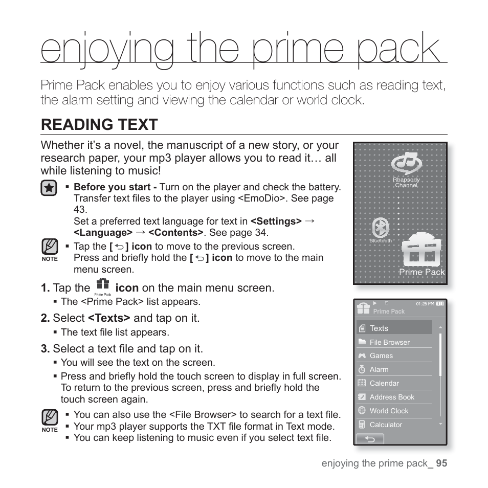Enjoying the prime pack, Reading text | Samsung YP-P2JABY-XAA User Manual | Page 95 / 152