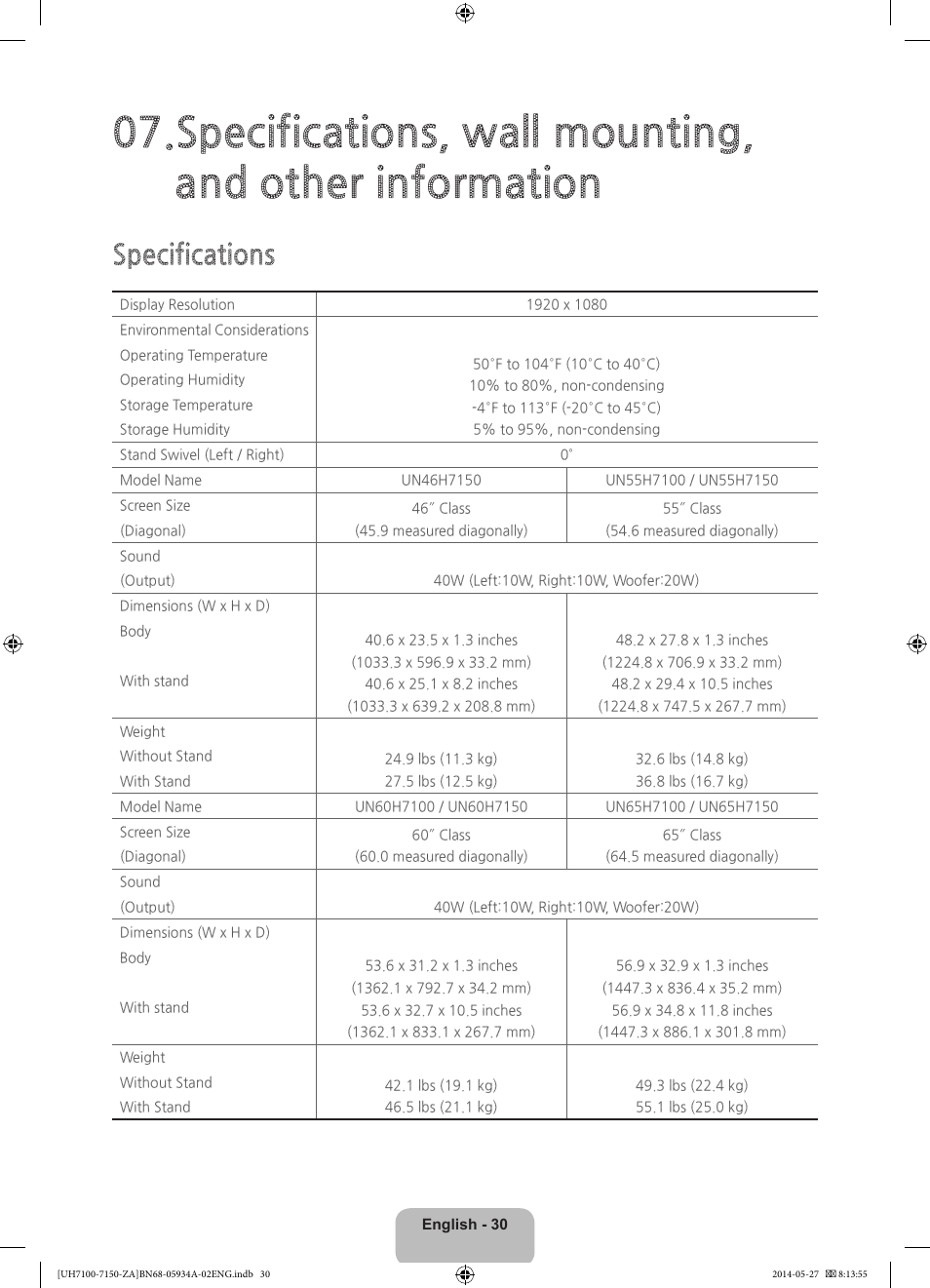 Specifications | Samsung UN55H7150AFXZA User Manual | Page 30 / 40