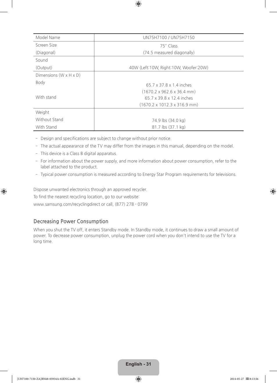 Decreasing power consumption | Samsung UN55H7150AFXZA User Manual | Page 31 / 40