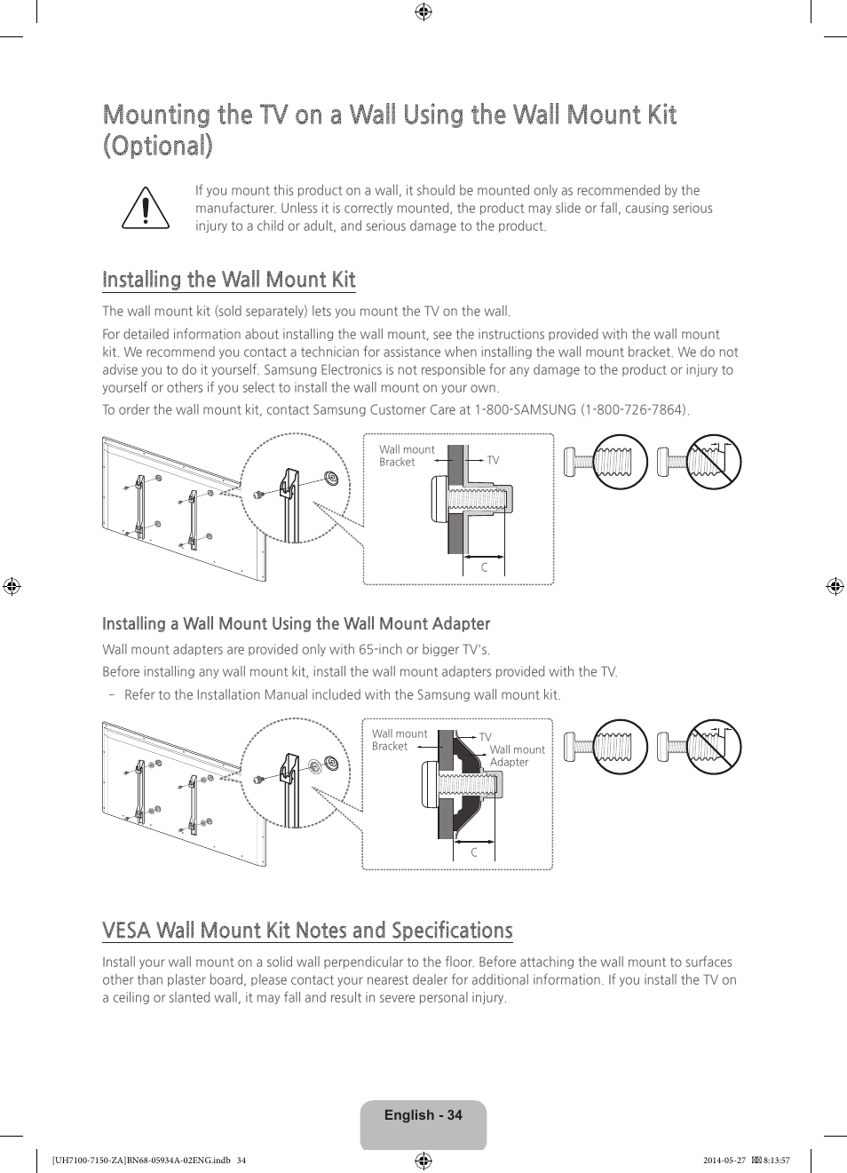 Installing the wall mount kit | Samsung UN55H7150AFXZA User Manual | Page 34 / 40