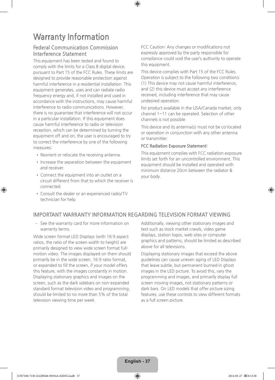 Warranty information | Samsung UN55H7150AFXZA User Manual | Page 37 / 40