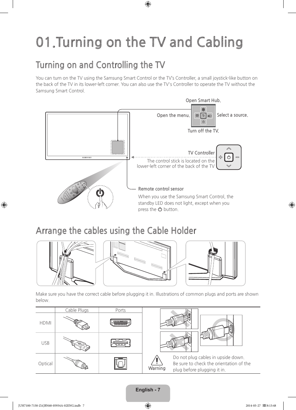 Turning on the tv and cabling, Turning on and controlling the tv, Arrange the cables using the cable holder | Samsung UN55H7150AFXZA User Manual | Page 7 / 40