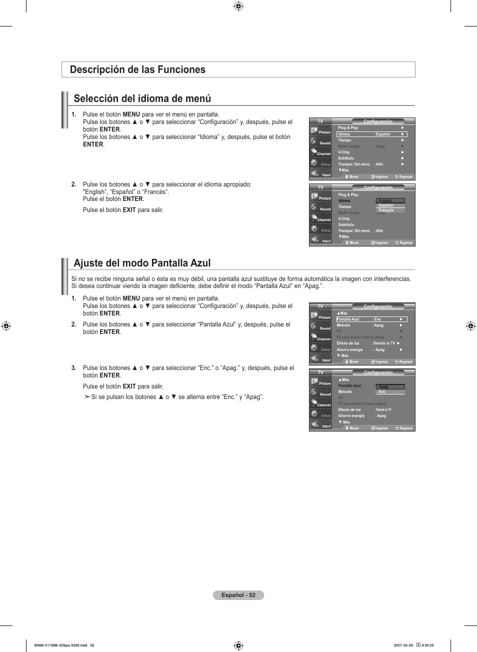 Ajuste del modo pantalla azul, Selección del idioma de menú, Descripción de las funciones | Samsung LNT2353HX-XAA User Manual | Page 152 / 191