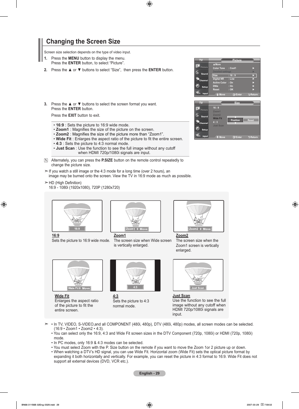 Changing the screen size | Samsung LNT2353HX-XAA User Manual | Page 31 / 191