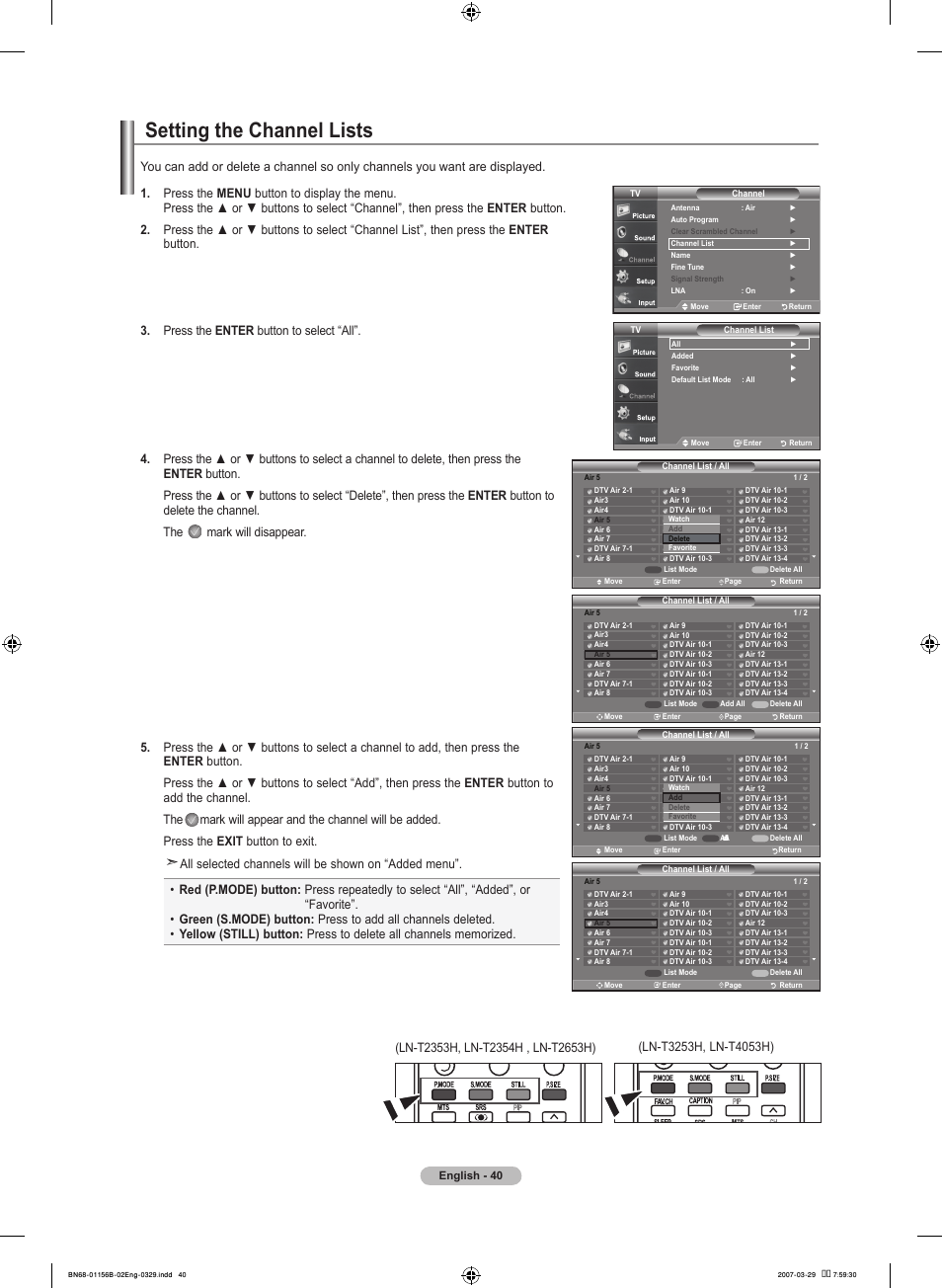 Setting the channel lists | Samsung LNT2353HX-XAA User Manual | Page 42 / 191