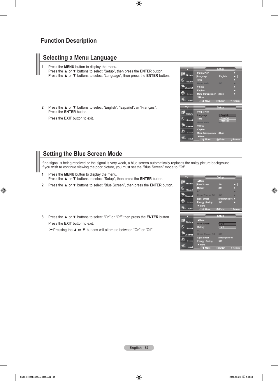 Function description, Setting the blue screen mode, Selecting a menu language | Samsung LNT2353HX-XAA User Manual | Page 54 / 191