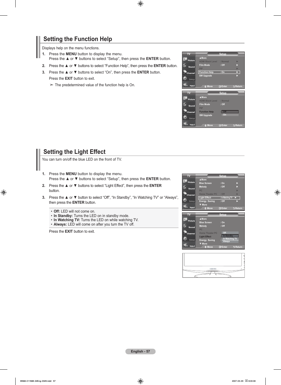 Setting the function help, Setting the light effect, Displays help on the menu functions | Samsung LNT2353HX-XAA User Manual | Page 59 / 191