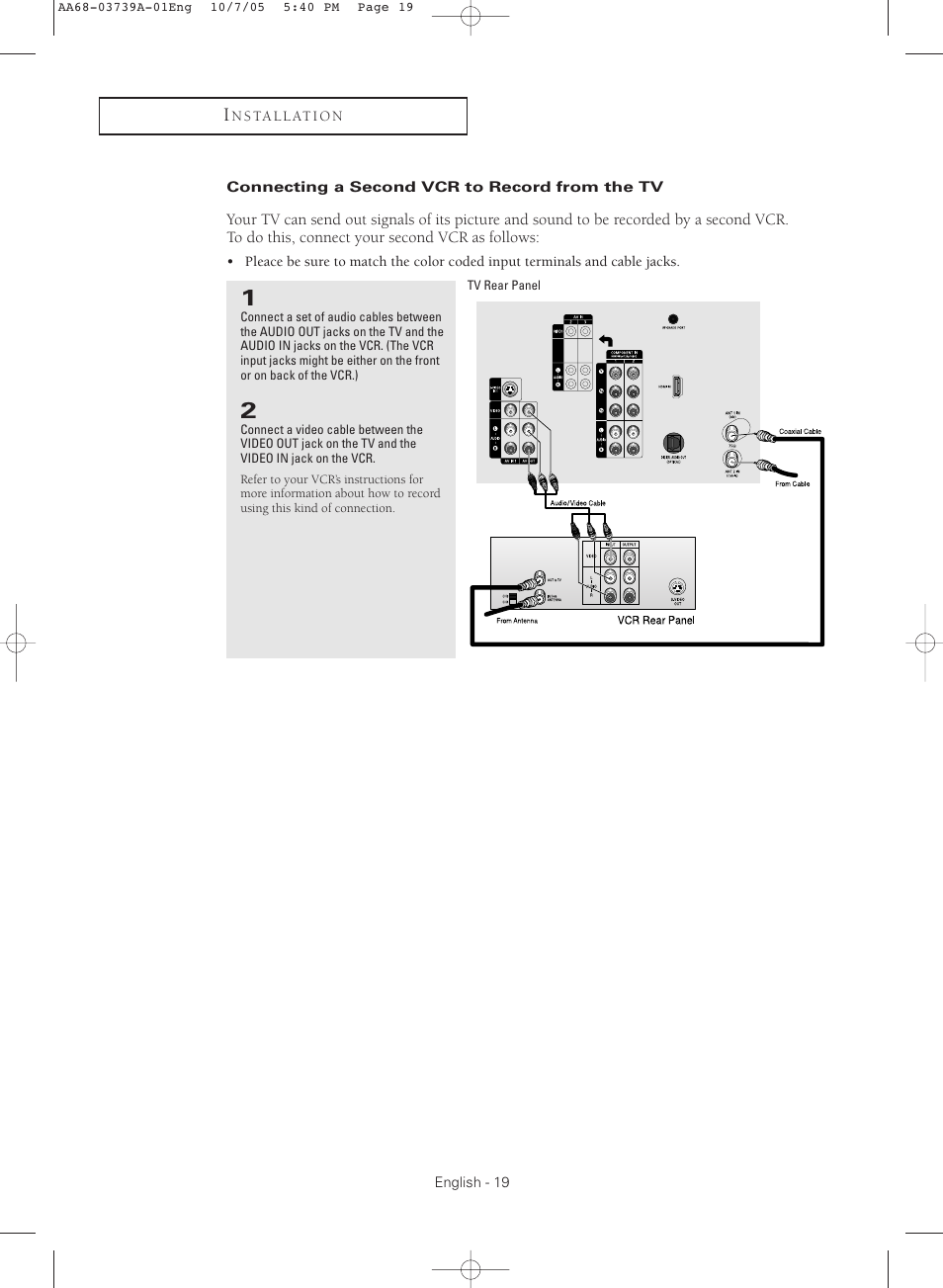 Connecting a second vcr to record from the tv | Samsung TXR3080WHKXXAA User Manual | Page 19 / 80