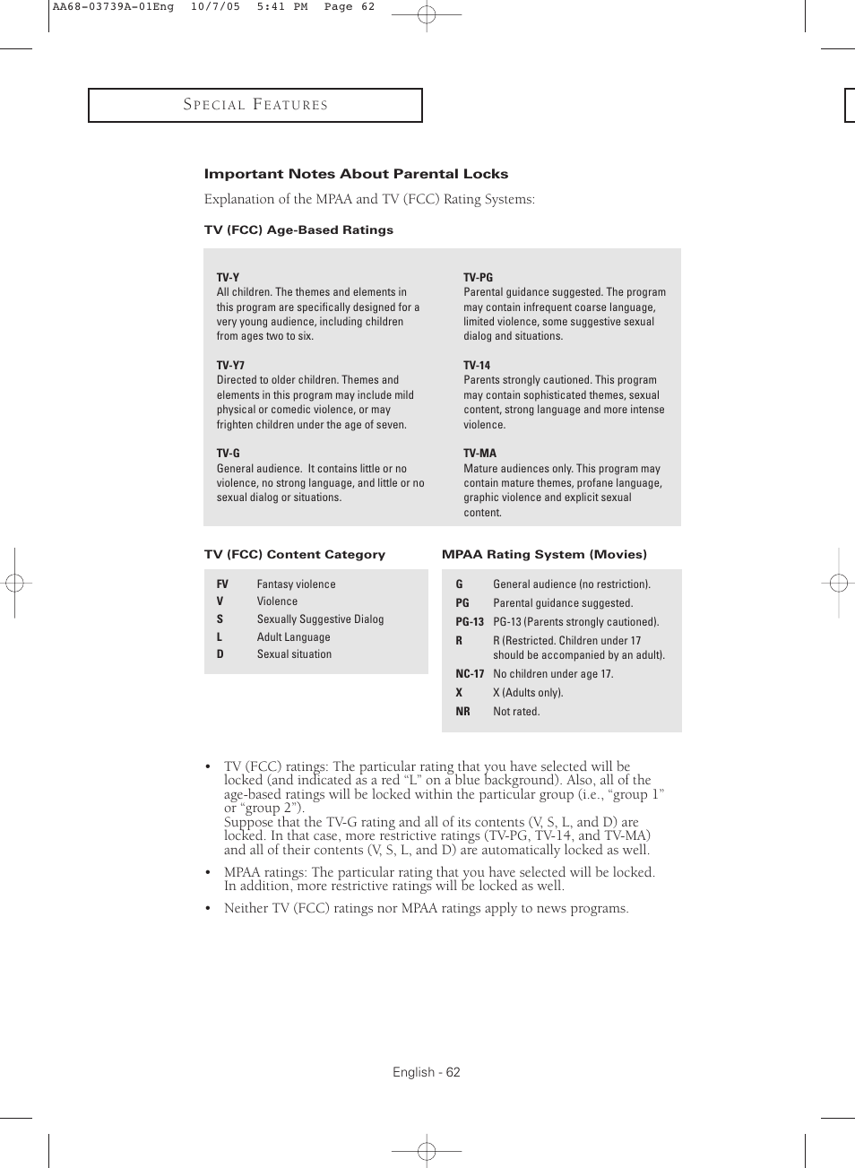 Important notes about parental locks | Samsung TXR3080WHKXXAA User Manual | Page 62 / 80