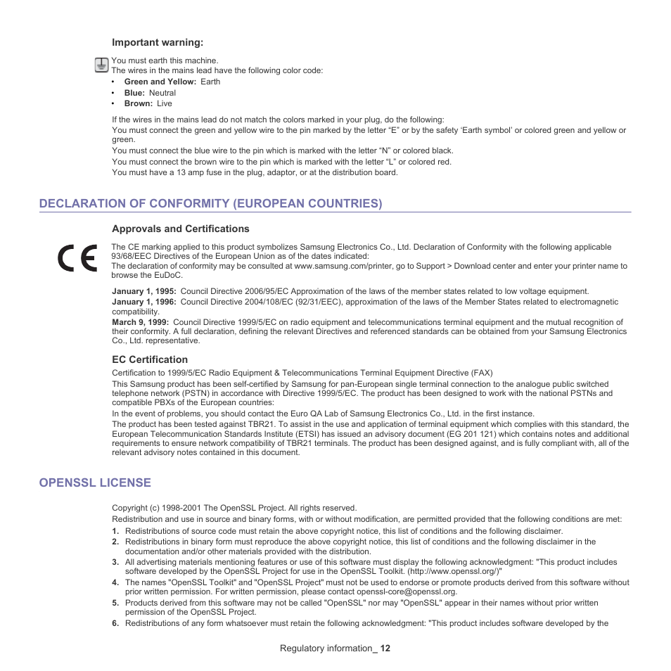 Declaration of conformity (european countries), Openssl license | Samsung SCX-5935NX-XAA User Manual | Page 12 / 133
