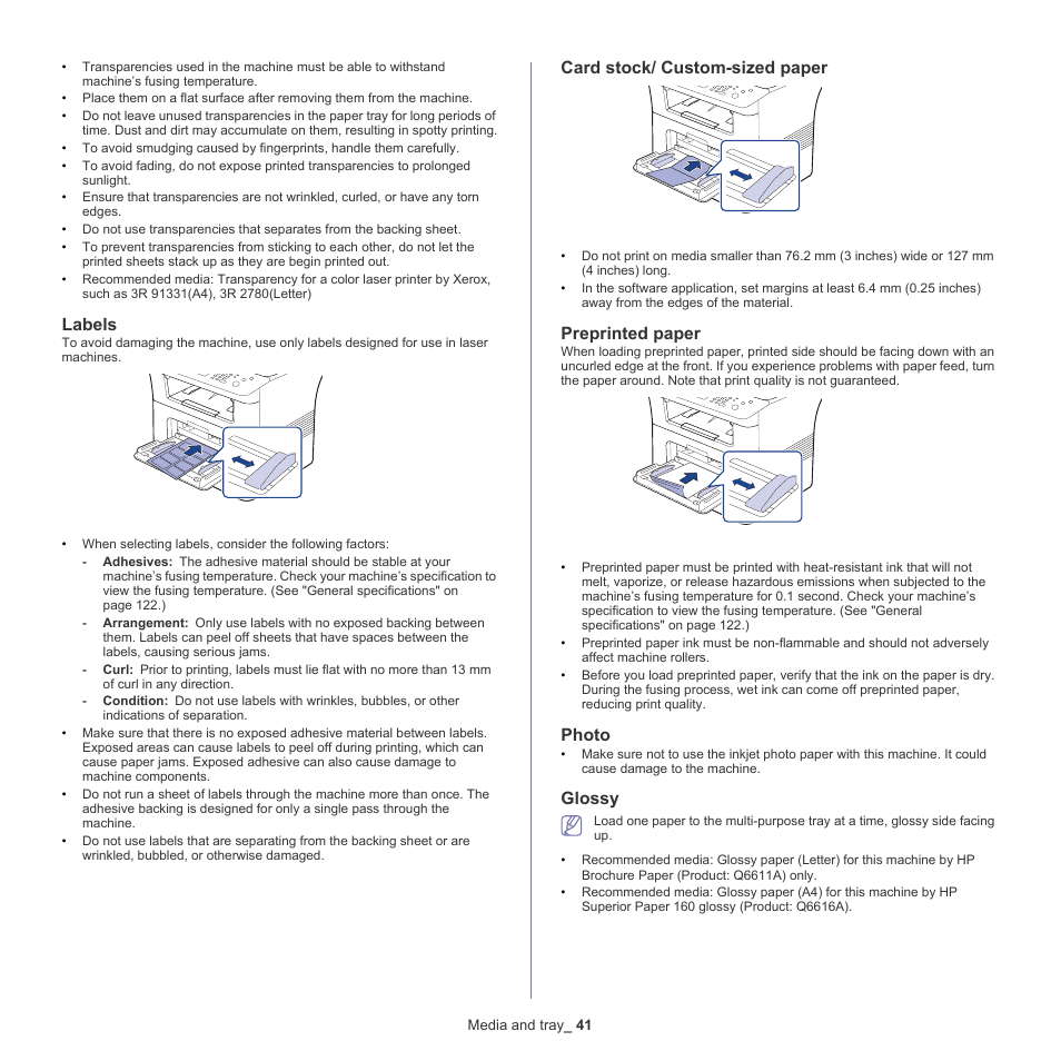 Labels, Card stock/ custom-sized paper, Preprinted paper | Photo, Glossy | Samsung SCX-5935NX-XAA User Manual | Page 41 / 133