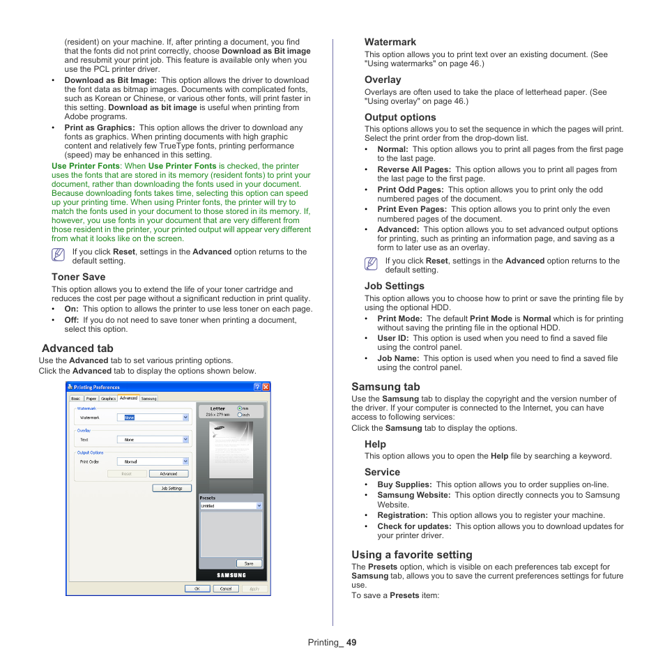 Advanced tab, Samsung tab, Using a favorite setting | Samsung SCX-5935NX-XAA User Manual | Page 49 / 133
