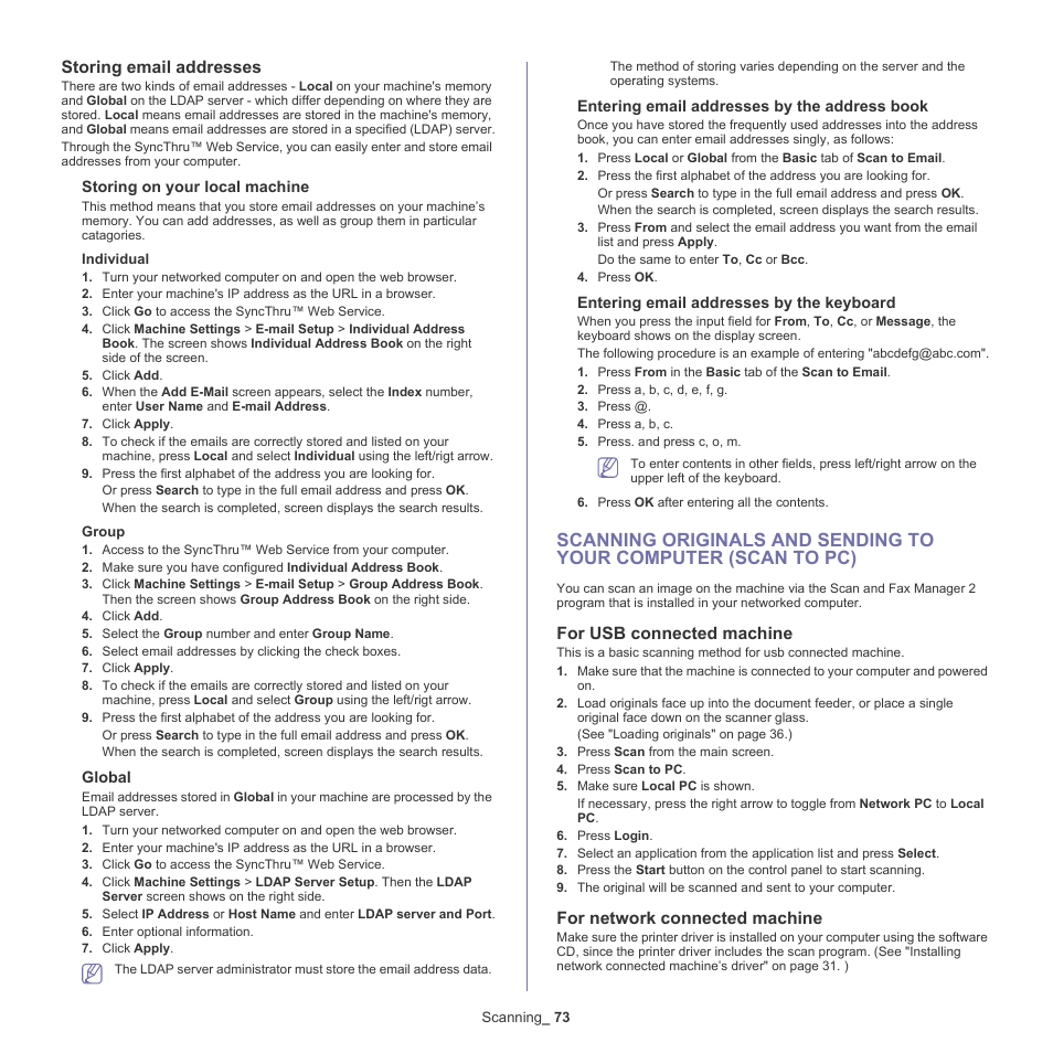 Ly. (see "global" on, Global" on, Storing email addresses | For usb connected machine, For network connected machine | Samsung SCX-5935NX-XAA User Manual | Page 73 / 133