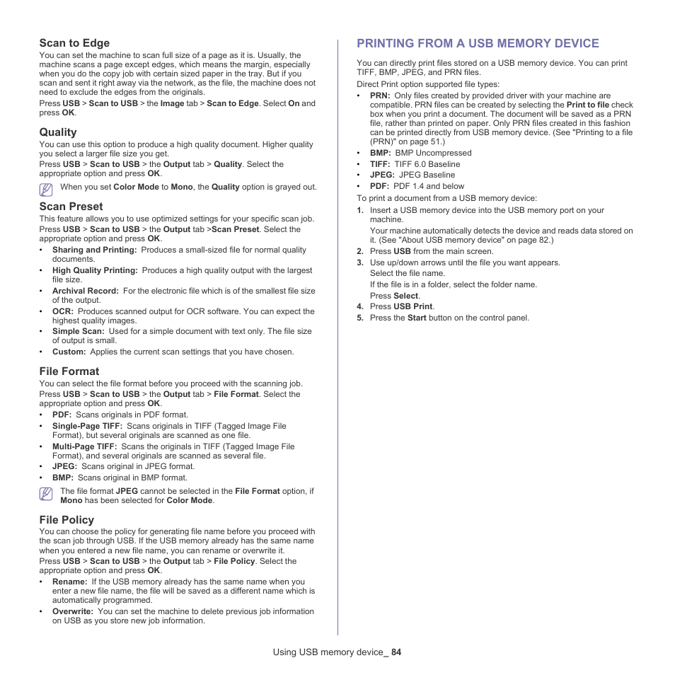 Printing from a usb memory device, Scan to edge, Quality | Scan preset, File format, File policy | Samsung SCX-5935NX-XAA User Manual | Page 84 / 133