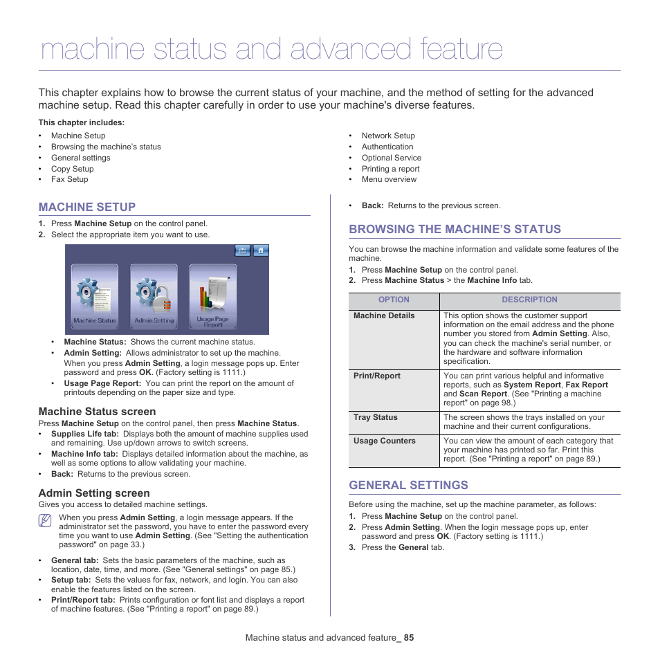 Machine status and advanced feature, Machine setup, Browsing the machine’s status | General settings, See "machine setup" on, See "general, Machine status screen, Admin setting screen | Samsung SCX-5935NX-XAA User Manual | Page 85 / 133
