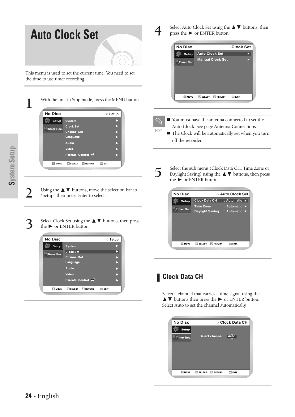 Auto clock set, System setup, 24 - english | Clock data ch | Samsung DVD-VR300-XAA User Manual | Page 24 / 97